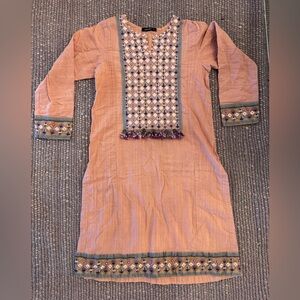 Boho Embroidered Tunic Shirt XS Peach Beaded Coin Tassel Ethnic Festival